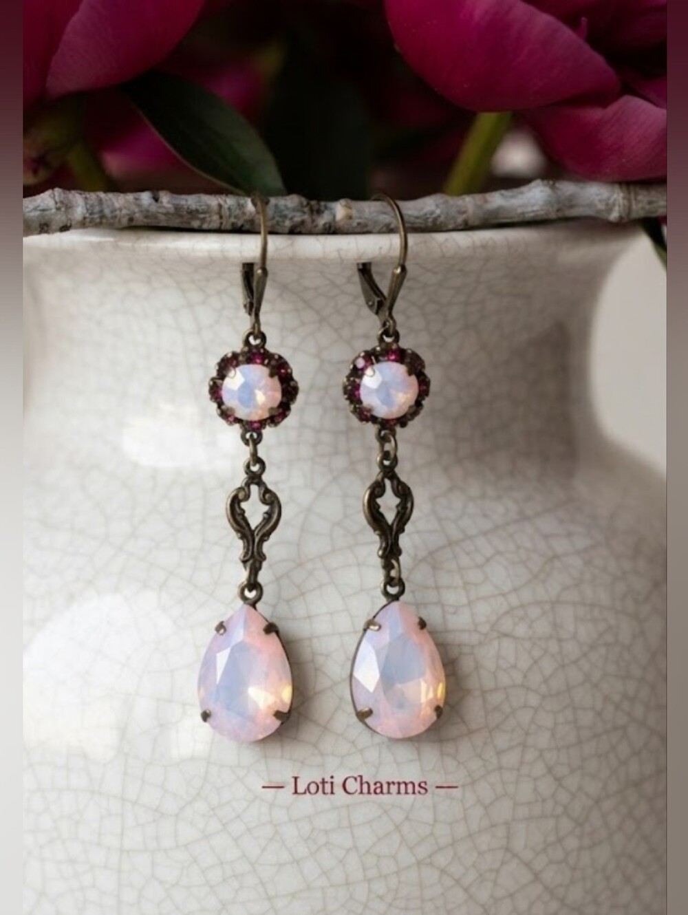 Victorian Pink Opal Rosewater Swarovski Crystal In Long Brass Earrings